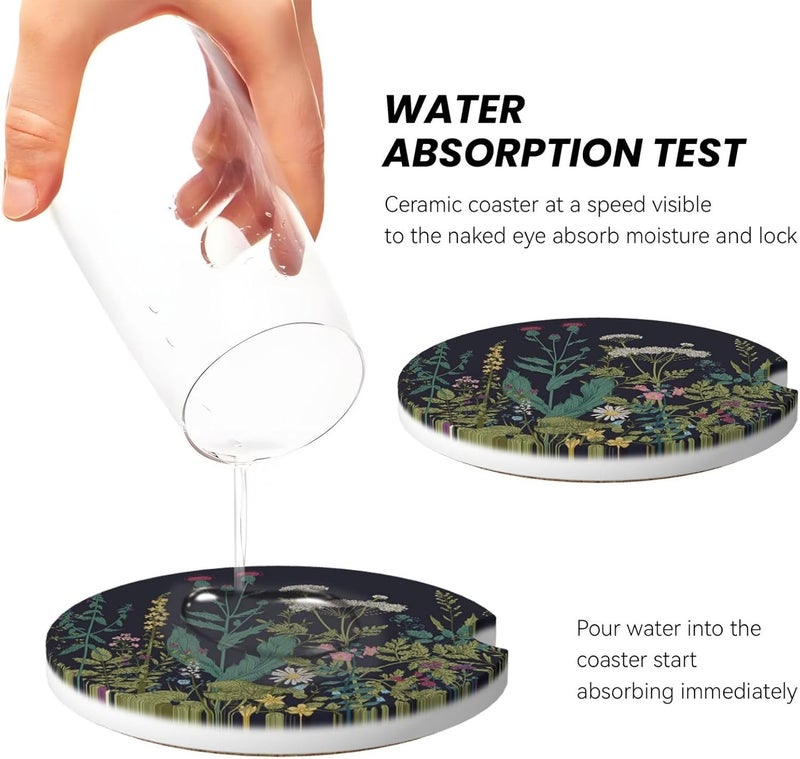 GACCAP Car Coasters for Cup Holders, 2 Pack Absorbent Ceramics Anti Slip Universal 2.56 Inch Car Cup Coaster for Women Men, Car Interior Accessories - Vintage Dandelion Daisy Flower - Image 4